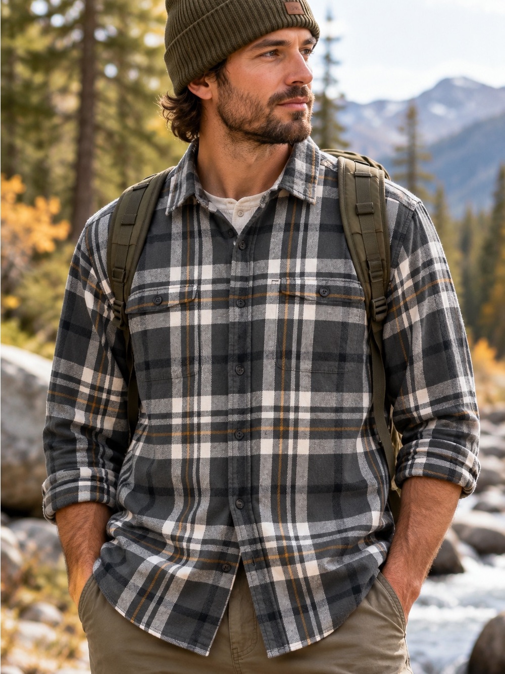 Woolrich Menโs XL Gray Green Plaid Flannel Button Front Shirt Outdoor Cabin